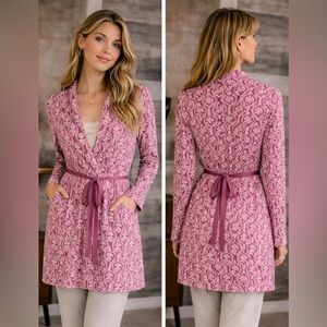 Anthropologie Sweater Cardigan Pink Cream Patterned Belted Cozy Boho Size M